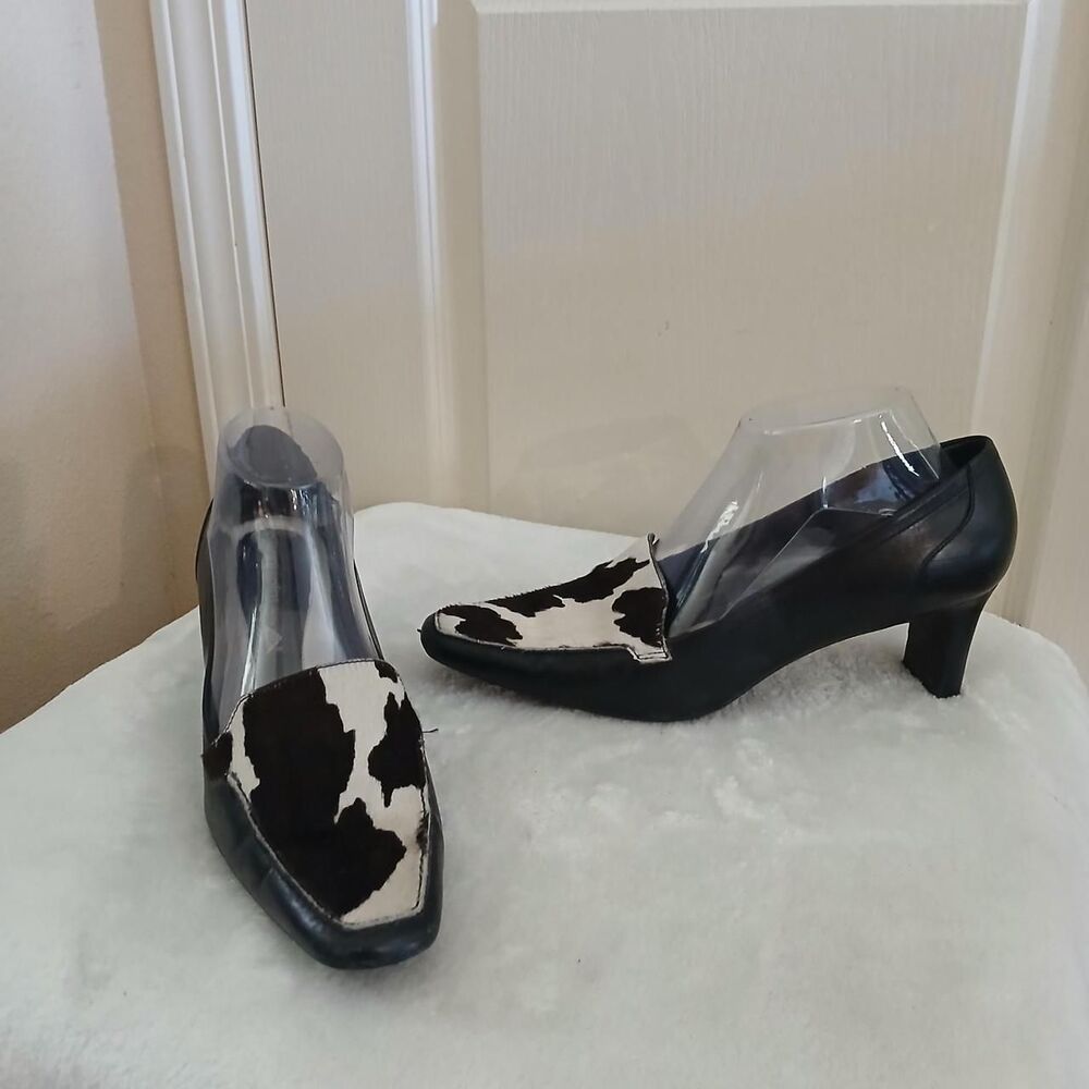 Cow Print Leather Square Toe Chunky Block Kitten Heels Western Cowgirl Boho